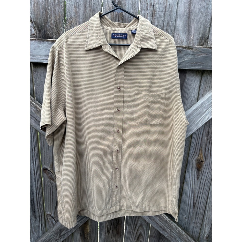 Roundtree & Yorke Mens 2XLT Tan Plaid Modal Blend Short Sleeve Button Down Shirt